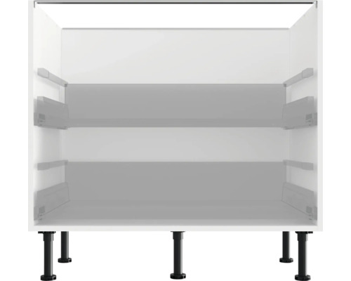 Bílá kuchyňská spodní skříňka s nastavitelnýma nohama.