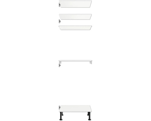 Bílá skříňka pod umyvadlo se čtyřmi zásuvkami a černými nohami.