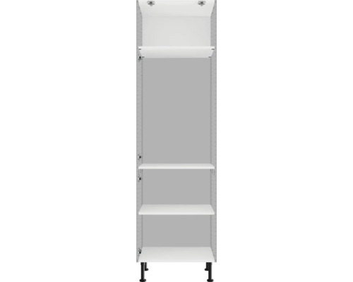 Bílá závěsná skříňka s policemi a černými nožičkami pro montáž na stěnu