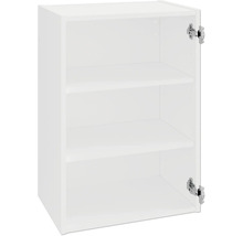 Otevřená bílá kuchyňská skříňka se třemi policemi