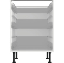 Bílá spodní skříňka s výsuvnými prvky a černými nožičkami.