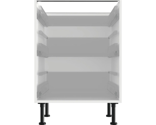 Bílá spodní skříňka s výsuvnými prvky a černými nožičkami.