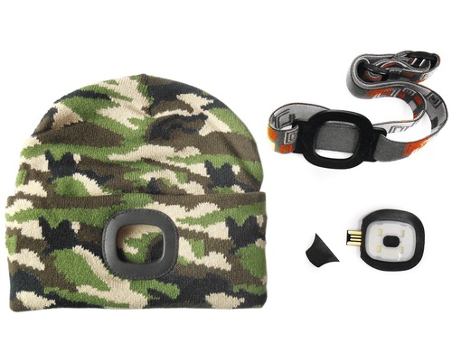 Čepice s čelovkou, maskovací vzor a USB port