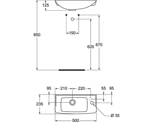 Technický nákres umyvadla s rozměry