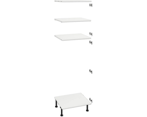 Bílá police s černými nohami a montážní úhelník pro montáž na stěnu