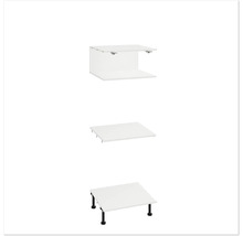 Tři pohledy na bílý koupelnový nábytek s policí a nožičkami