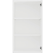 Otevřená bílá koupelnová skříňka se dvěma policemi pro uložení v koupelně