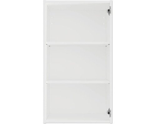 Otevřená bílá koupelnová skříňka se dvěma policemi pro uložení v koupelně