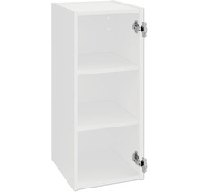 Bílá závěsná skříňka s policemi a otevřenými dvířky