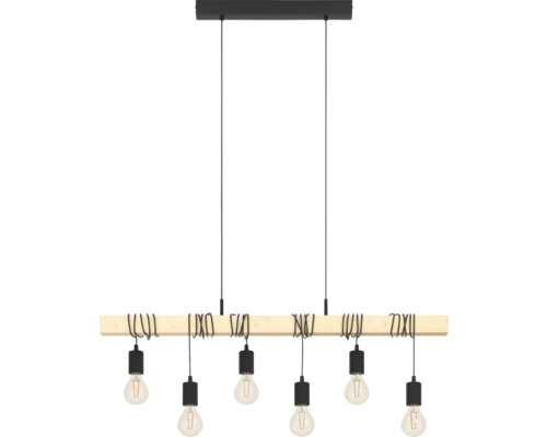 Závěsné svítidlo se šestí žárovkami na dřevěném trámu