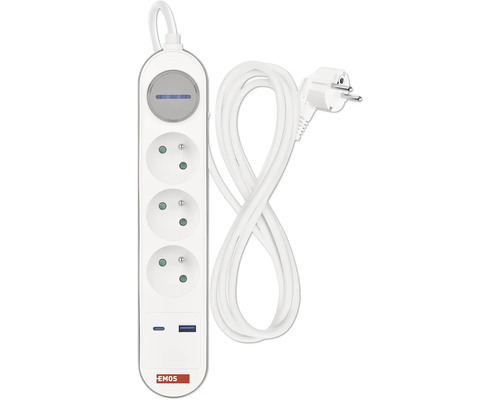 Prodlužovací kabel s třemi zásuvkami a dvěma USB porty od společnosti Emos