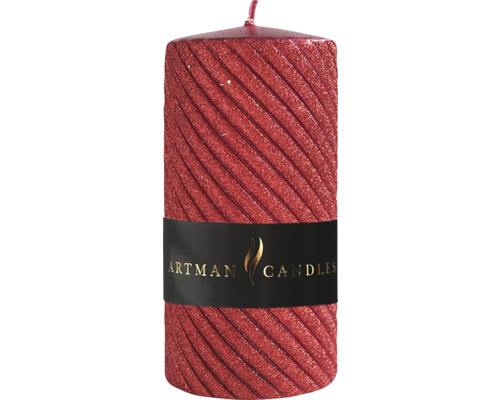 Červená sloupová svíčka s drážkami a logem Artman Candles