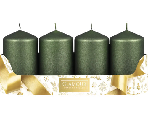 Svíčky adventní PEGAS STRUKTUR zelené 4 ks Čtyři zelené sloupové svíčky v balení se stuhou