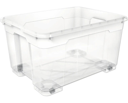Průhledný plastový úložný box s kolečky.