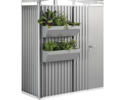 Truhlíky na květiny Biohort FloraBoard 82 x 25 x 188 cm 2 ks šedý křemen metalický Kovová zahradní chatka se dvěma osázenými bylinkovými nádobami