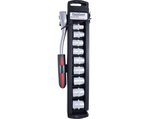Sada nástrčných klíčů Pattfield 9,53 mm s ráčnovou rukojetí a nástrčnými klíči různých velikostí.