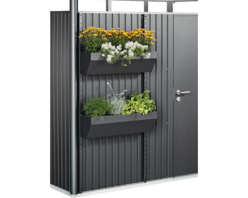 Truhlíky na květiny Biohort FloraBoard 82 x 25 x 188 cm 2 ks tmavě šedé metalické Zahradní skříň s truhlíky a rostlinami