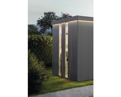 Světelný panel pro domky Biohort Neo akrylátový tónovaný 28 x 207 cm stříbrný metalický Moderní zahradní domek s velkým oknem a venkovním osvětlením