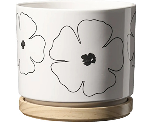 Obal na květináč keramický Ø 13 cm vzor květin Květináč s květinovým vzorem a dřevěnou podložkou