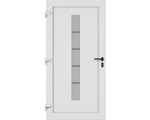 Bílé dveře s obdélníkovou skleněnou vložkou a rukojetí