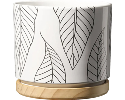 Obal na květináč keramický Ø 13 cm vzor listů Květináč s dekorem listů a podšálkem