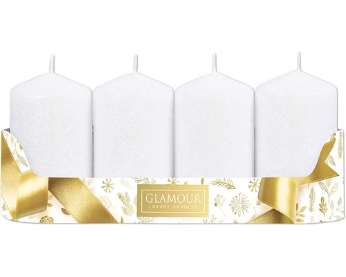 Glitrované bílé adventní svíčky Ø 5 x 8 cm 4 ks Čtyři bílé sloupové svíčky ve slavnostní krabici
