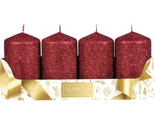 Adventní svíčky glitrované bordó Ø 5 x 8 cm 4 ks Čtyři červené svíčky se třpytkami v kartonu