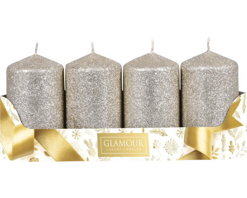 Adventní svíčky glitrované šampaň Ø 5 x 8 cm 4 ks Čtyři svíčky se třpytkami v kartonové krabici