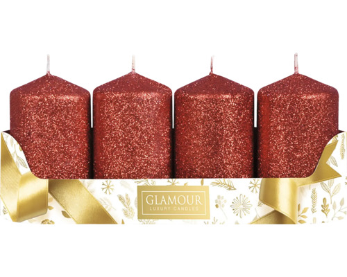 Glitrovaná červená adventní svíčka Ø 5 x 8 cm 4 ks Čtyři sloupové svíčky s třpytkami v balení s mašlí