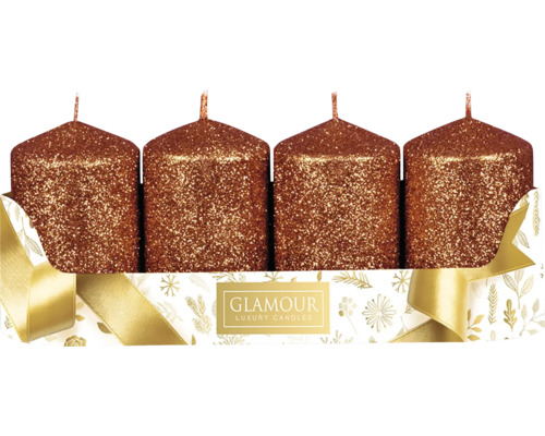 Adventní svíčky glitrované měděné Ø 5 x 8 cm 4 ks Čtyři dekorativní, třpytivé sloupové svíčky v balení.