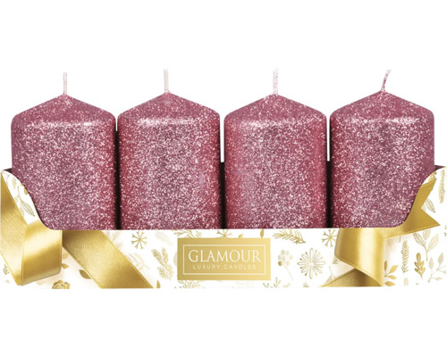Růžové glitrované adventní svíčky Ø 5 x 8 cm 4 ks Čtyři třpytivé sloupové svíčky v dárkovém balení