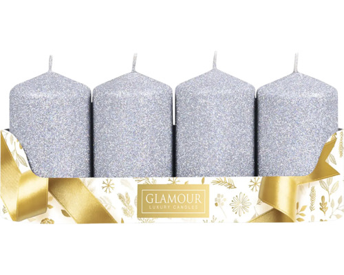 Glitrované stříbrné adventní svíčky Ø 5 x 8 cm 4 ks Čtyři stříbrné sloupové svíčky v ozdobném balení