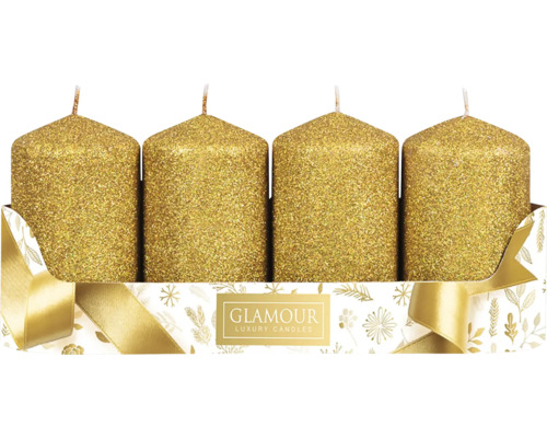 Glitrovaná zlatá adventní svíčka Ø 5 x 8 cm 4 ks Čtyři zlaté sloupové svíčky v dekorativním balení.