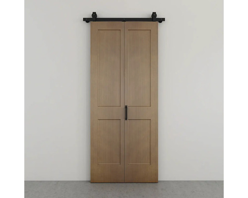 Skládací posuvné dveře Pertura Milav dub olejovaný 90x215 cm Dvojité dřevěné posuvné dveře s černou kolejnicí a madlem