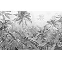 Ilustrace tapety tropického lesa s palmami a velkými listy.