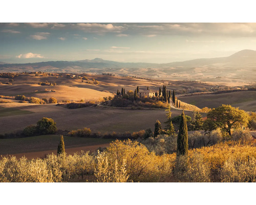 Toskánská krajina s cypřiši a statkem na kopci