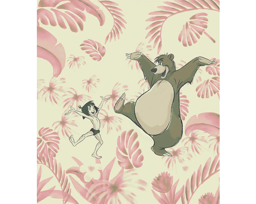Ilustrace Mauglího a Balúa před květinovým pozadím