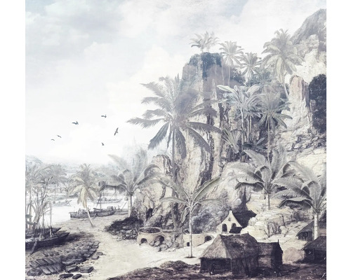 Fototapeta s tropickou krajinou, skalami, palmami a pobřežím