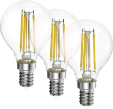 Tři čiré LED žárovky s vláknem a paticí E14