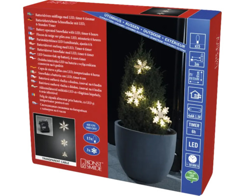 Světelný řetěz s vločkami napájený bateriemi s LED, 15 kusů pro venkovní použití