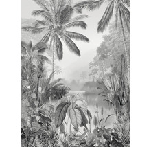 Ilustrace tropické krajiny s palmami a bujnou vegetací