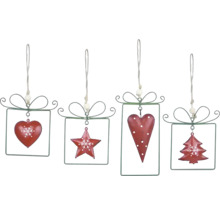 Sada ozdob na vánoční stromeček s motivy srdce, hvězdy a vánočního stromku v kovovém rámu