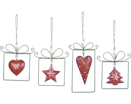 Sada ozdob na vánoční stromeček s motivy srdce, hvězdy a vánočního stromku v kovovém rámu