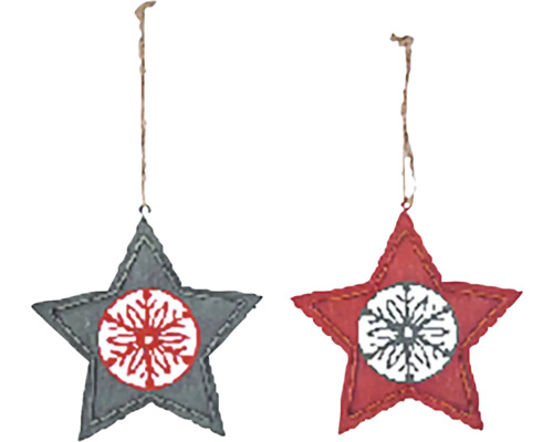 Závěsná dekorace hvězda s vločkou, kov, červená Dva hvězdicové přívěsky se vzorem sněhové vločky