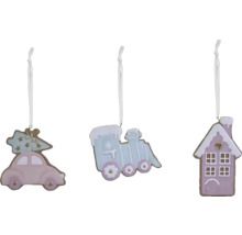 Tři vánoční ozdoby se vzory auta, vlaku a domu