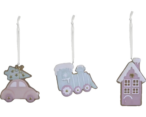 Tři vánoční ozdoby se vzory auta, vlaku a domu