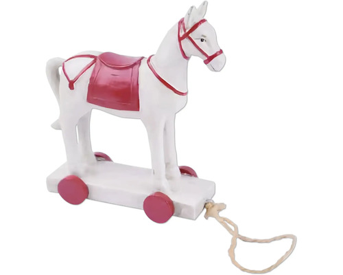 Vánoční figurka koník na kolečkách, polystone Bílý dřevěný kůň na kolečkách s tažným lanem jako dekorace