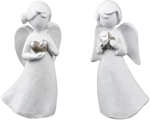 Vánoční figurka anděl, polyresin, bílá/zlatá Dvě dekorativní andělské figurky se srdcem a hvězdou