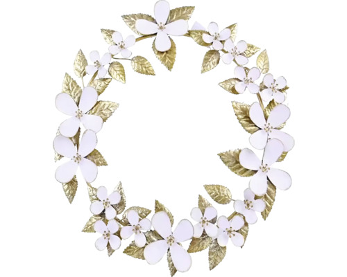 Kovový vánoční adventní věnec zlatá/bílá Ø 36x3,5 cm Dekorativní věnec s bílými květy a listy
