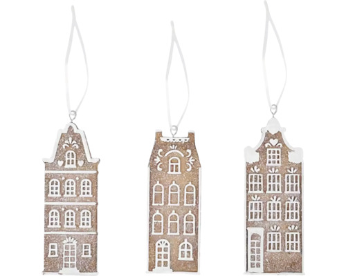 Závěsný domeček polyresin hnědá/bílá 5,5x13x1 cm mix 3 druhů cena za 1 Tři dekorativní domy k zavěšení